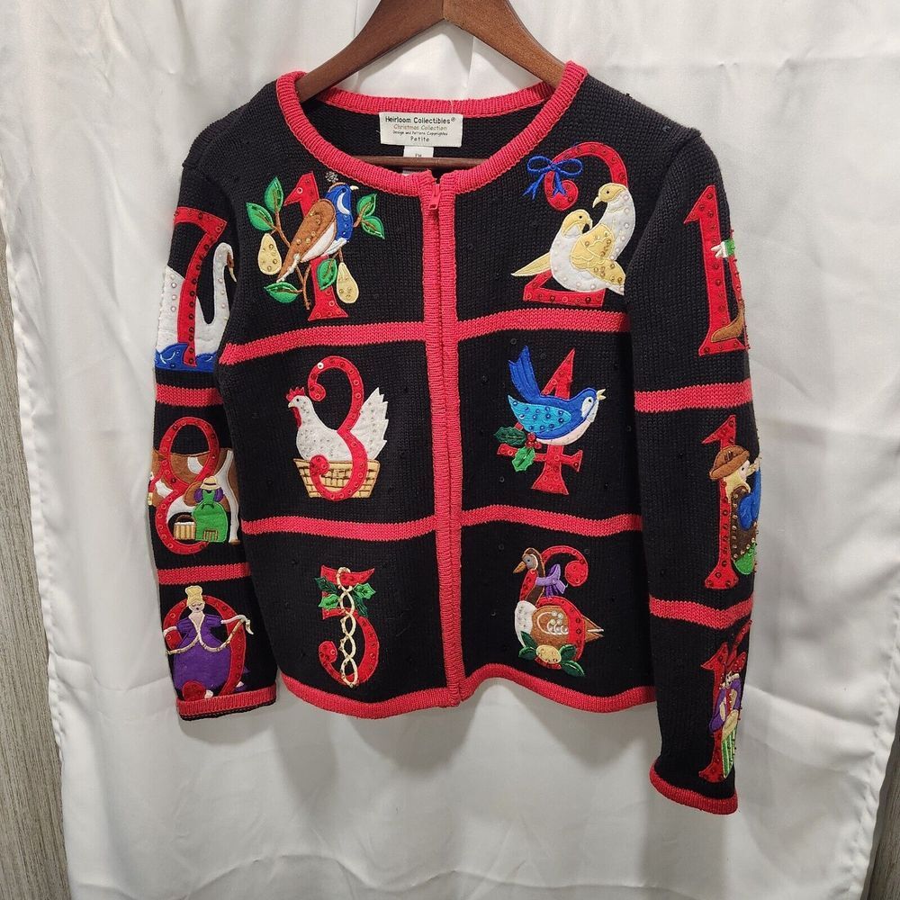 Heirloom Collectibles 12 Days of Christmas Beaded Sequin Cardigan Sweater Sz PM